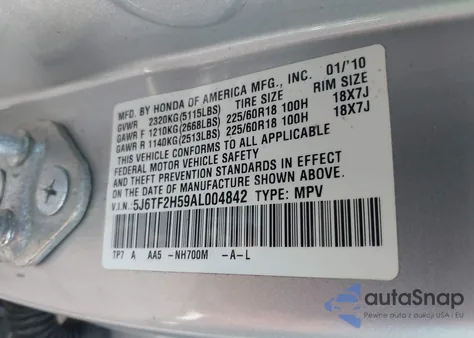 2010 Honda Accord Crosstour Ex-L z USA, uszkodzony, nr VIN 5J6TF2H59AL004842